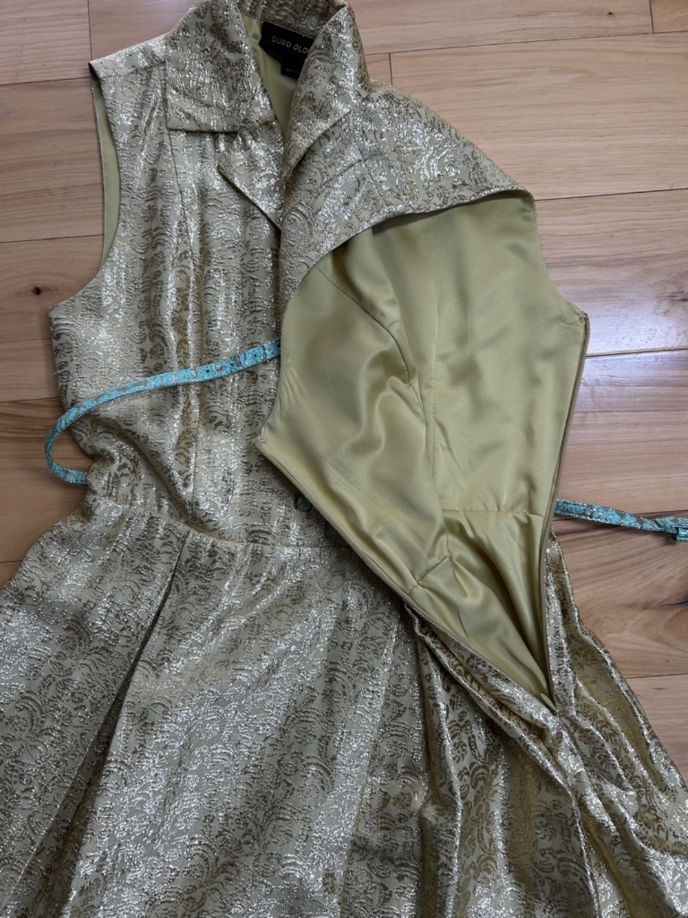 Duro Olowu Gold and Mint Green Metallic Fit-and-Flare Dress | Size 6 - Picture 8 of 11